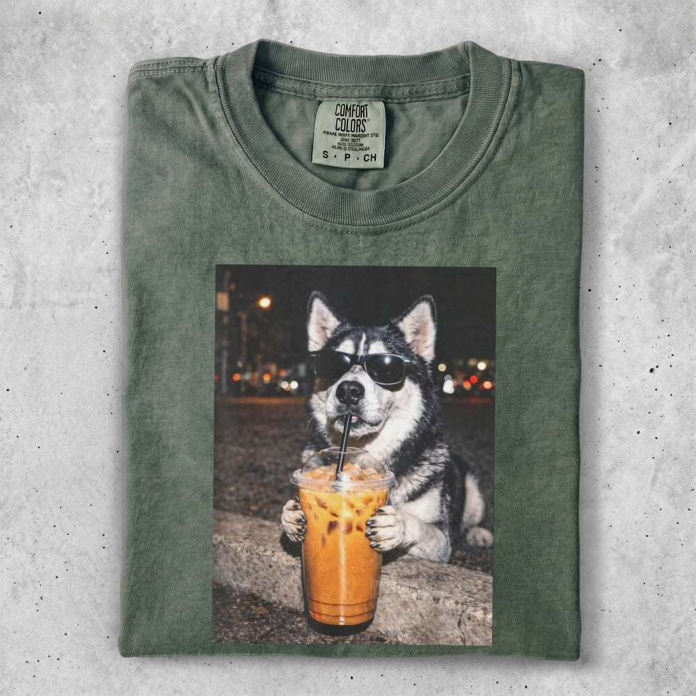 T-shirt with a husky dog wearing sunglasses and holding a coffee drink.