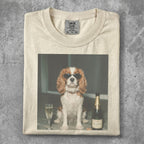 T-shirt featuring a dog in sunglasses sitting by champagne.