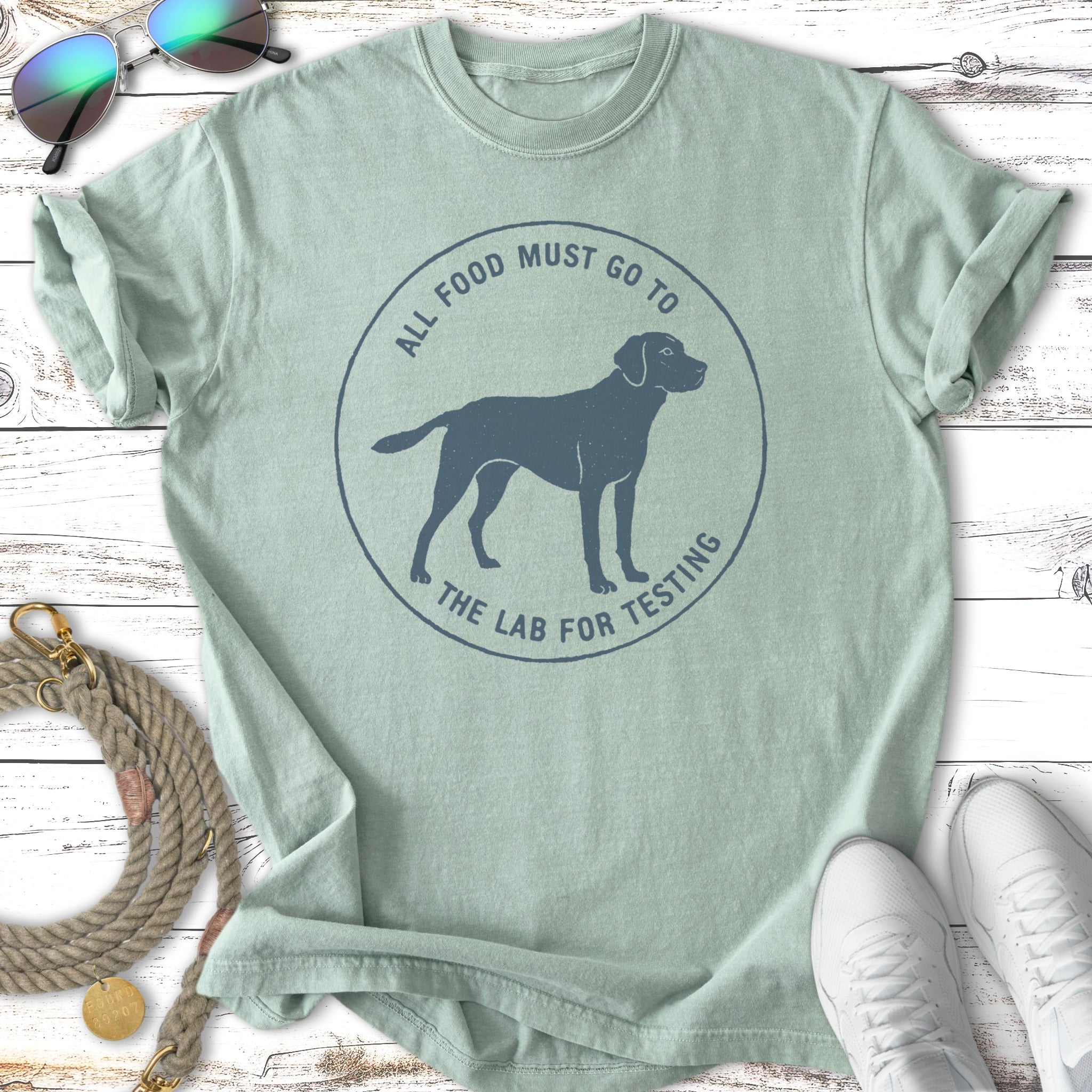T-shirt with "All food must go to the lab for testing" and a dog silhouette.