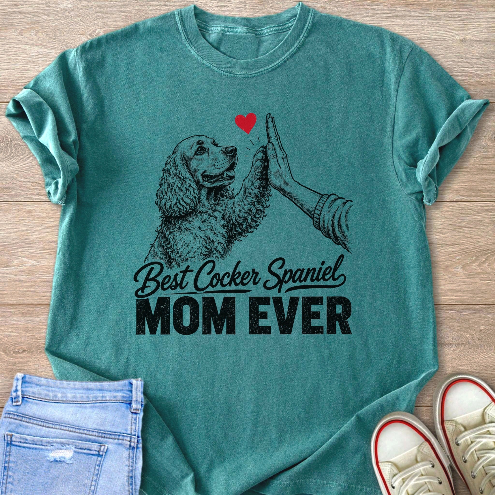 Cocker Spaniel wearing shirt gives high five with text "Best Cocker Spaniel MOM EVER."