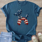 Blue t-shirt with a balloon dog graphic featuring American flag colors.