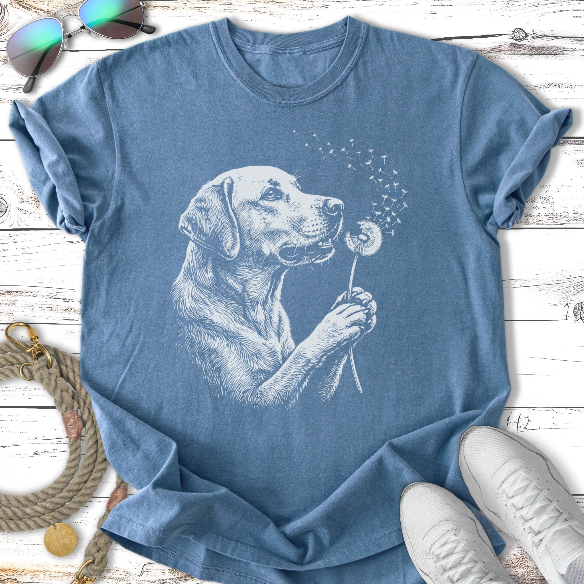 Labrador retriever dog blowing dandelion seeds on a blue t-shirt.