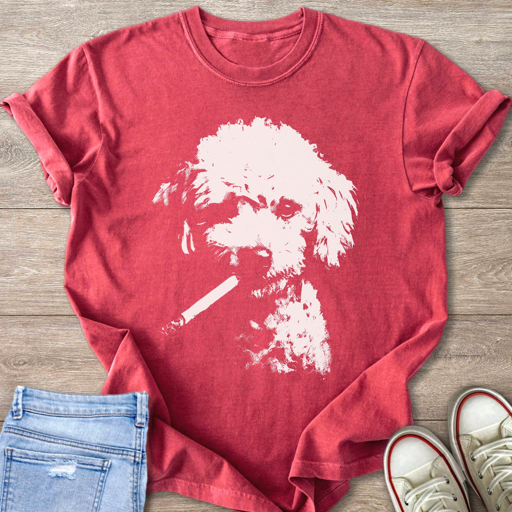 Distressed t-shirt with a white graphic of a dog smoking a cigarette.