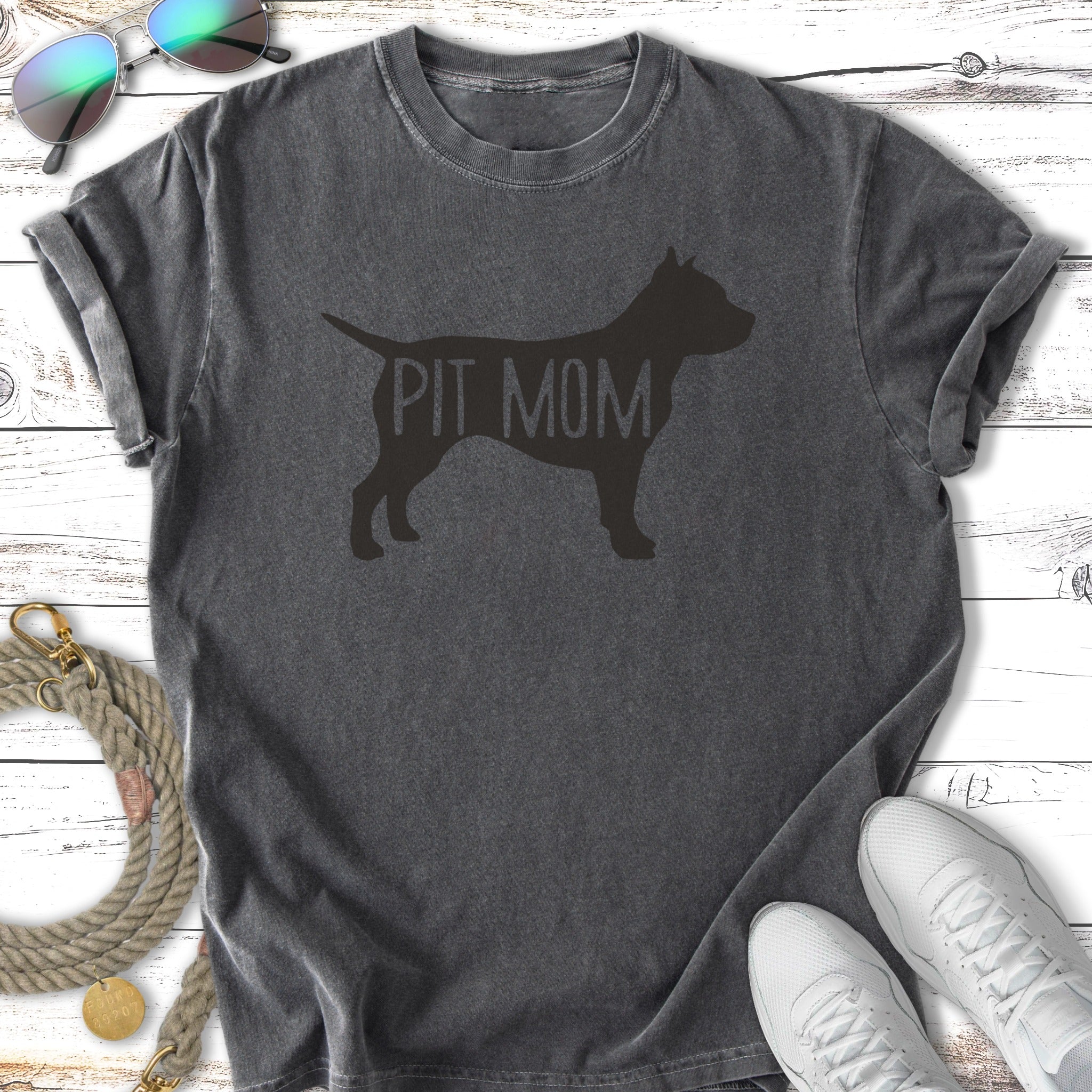 Dark gray t-shirt with "PIT MOM" text and a silhouette of a dog.