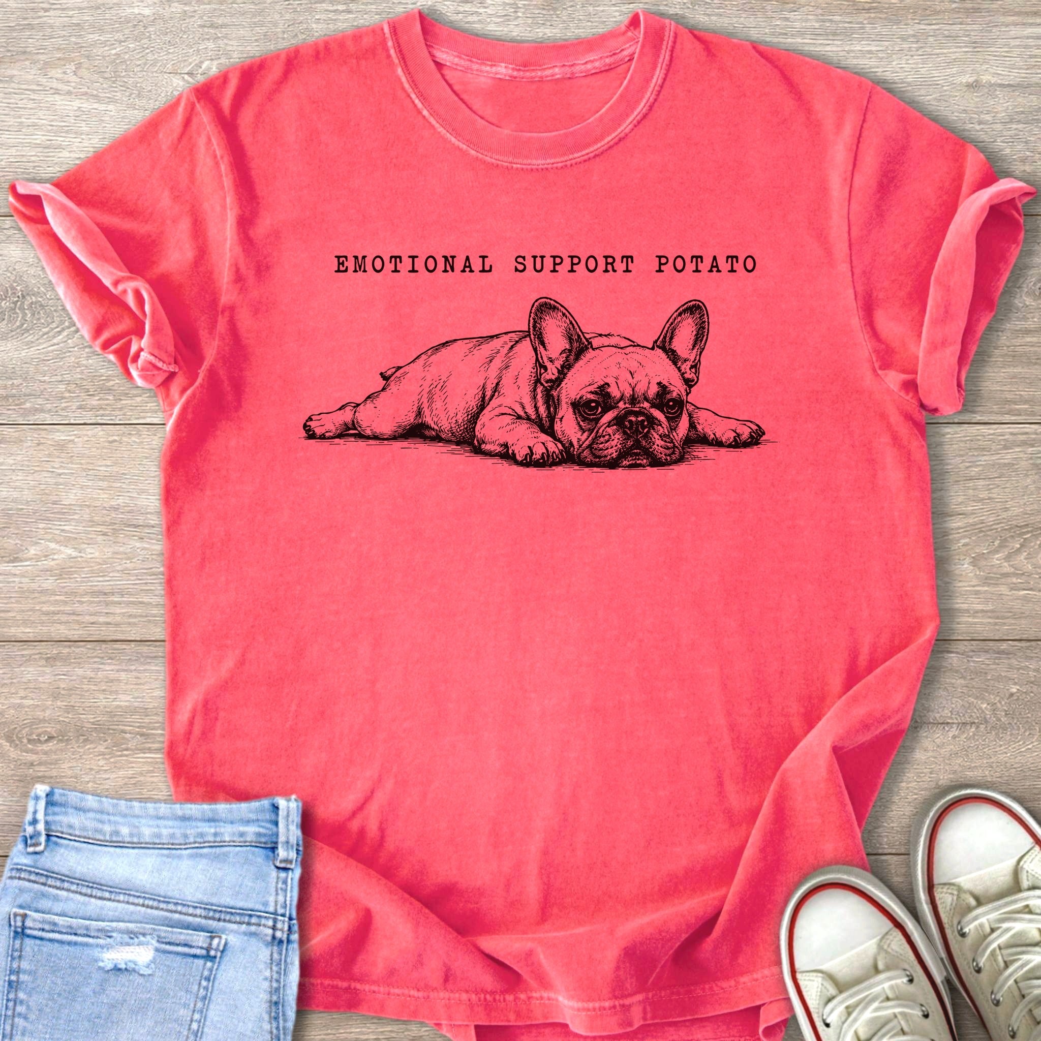 Pink t-shirt with a sketch of a French bulldog and text "EMOTIONAL SUPPORT POTATO".