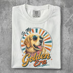 White t-shirt with Golden Retriever wearing sunglasses and text "Golden Era".