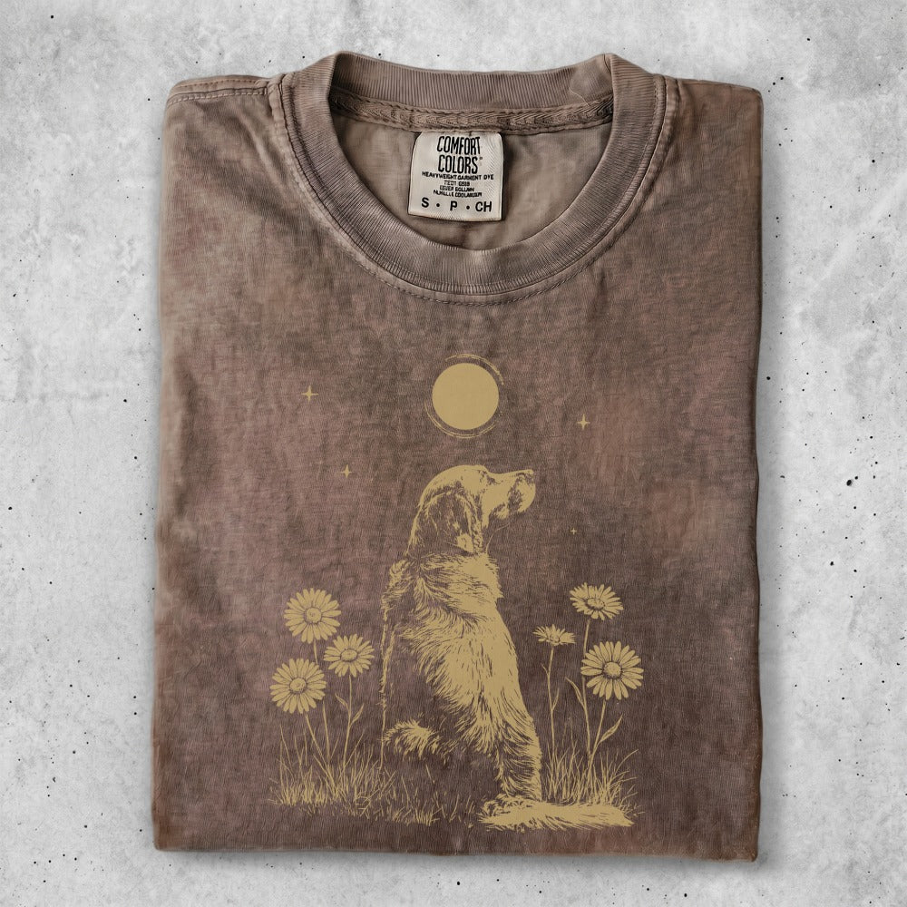 Brown t-shirt with gold retriever silhouette and sunflowers graphic.