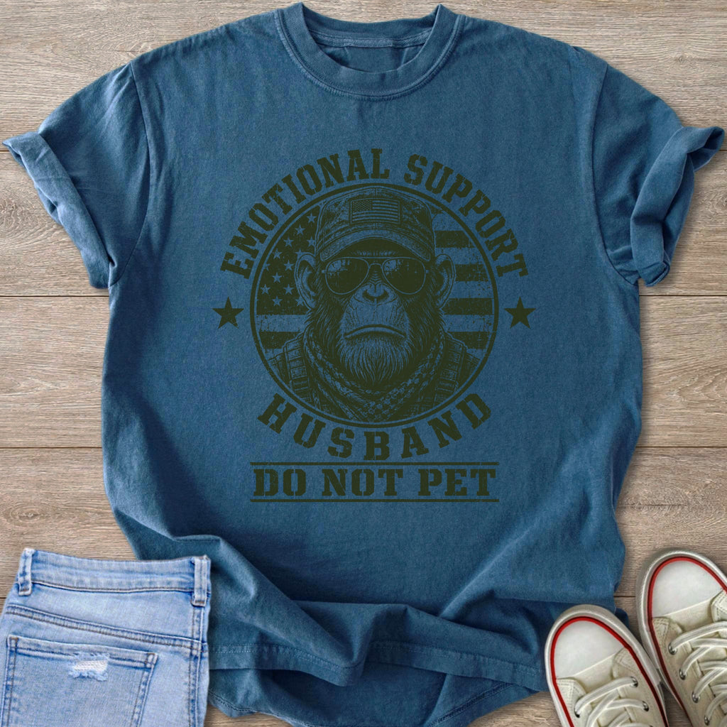 Blue t-shirt with a monkey wearing sunglasses and military gear, saying "Emotional Support Husband Do Not Pet."