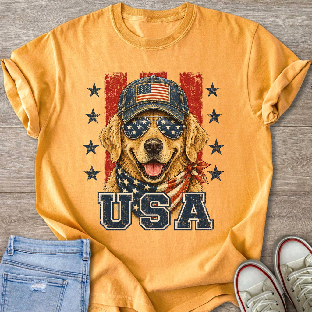 Golden retriever wearing sunglasses and bandana with American flag motif, "USA" text.