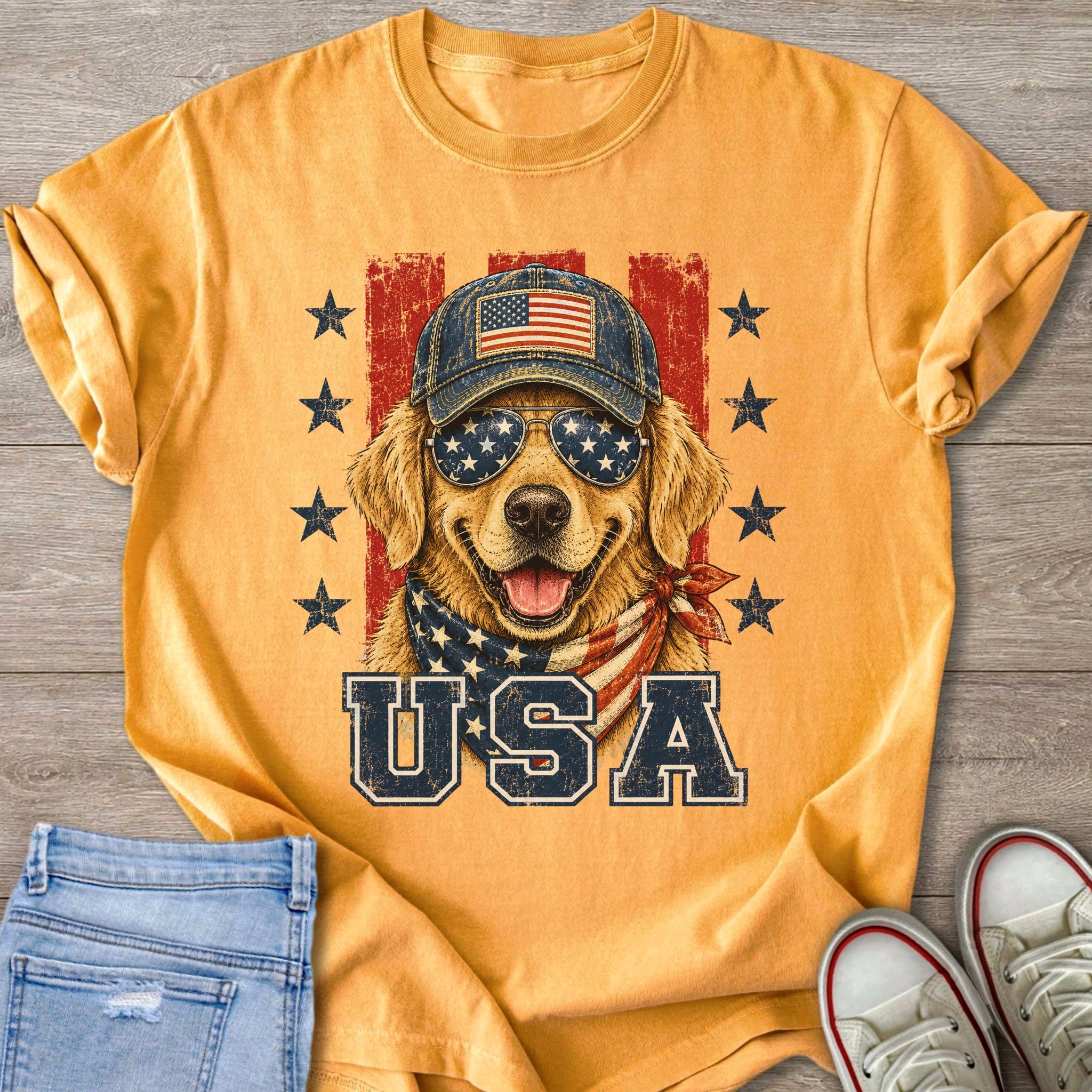 Golden retriever wearing sunglasses and bandana with American flag motif, "USA" text.
