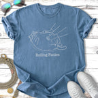 Blue t-shirt with white line drawing of a cat being massaged and the text "Rolling Fatties".