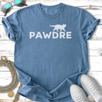 Blue t-shirt with white "PAWDRE" text, sunglasses, leash, and sneakers.