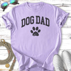 Lavender t-shirt with "DOG DAD" and paw print graphic.