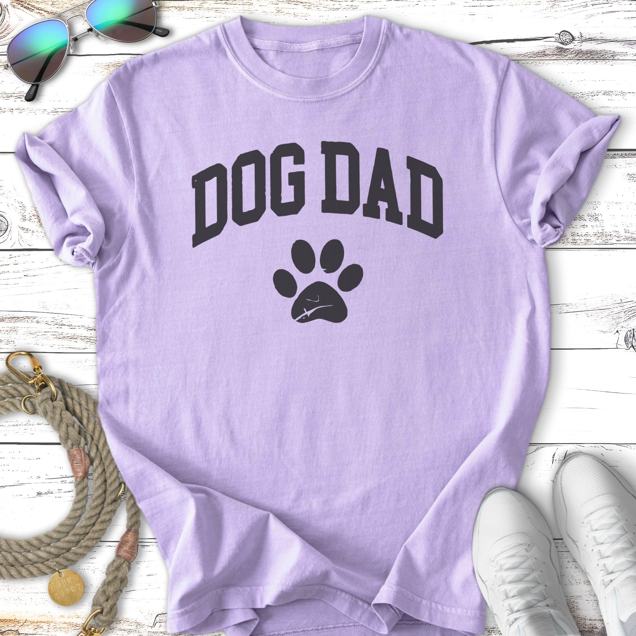 Lavender t-shirt with "DOG DAD" and paw print graphic.