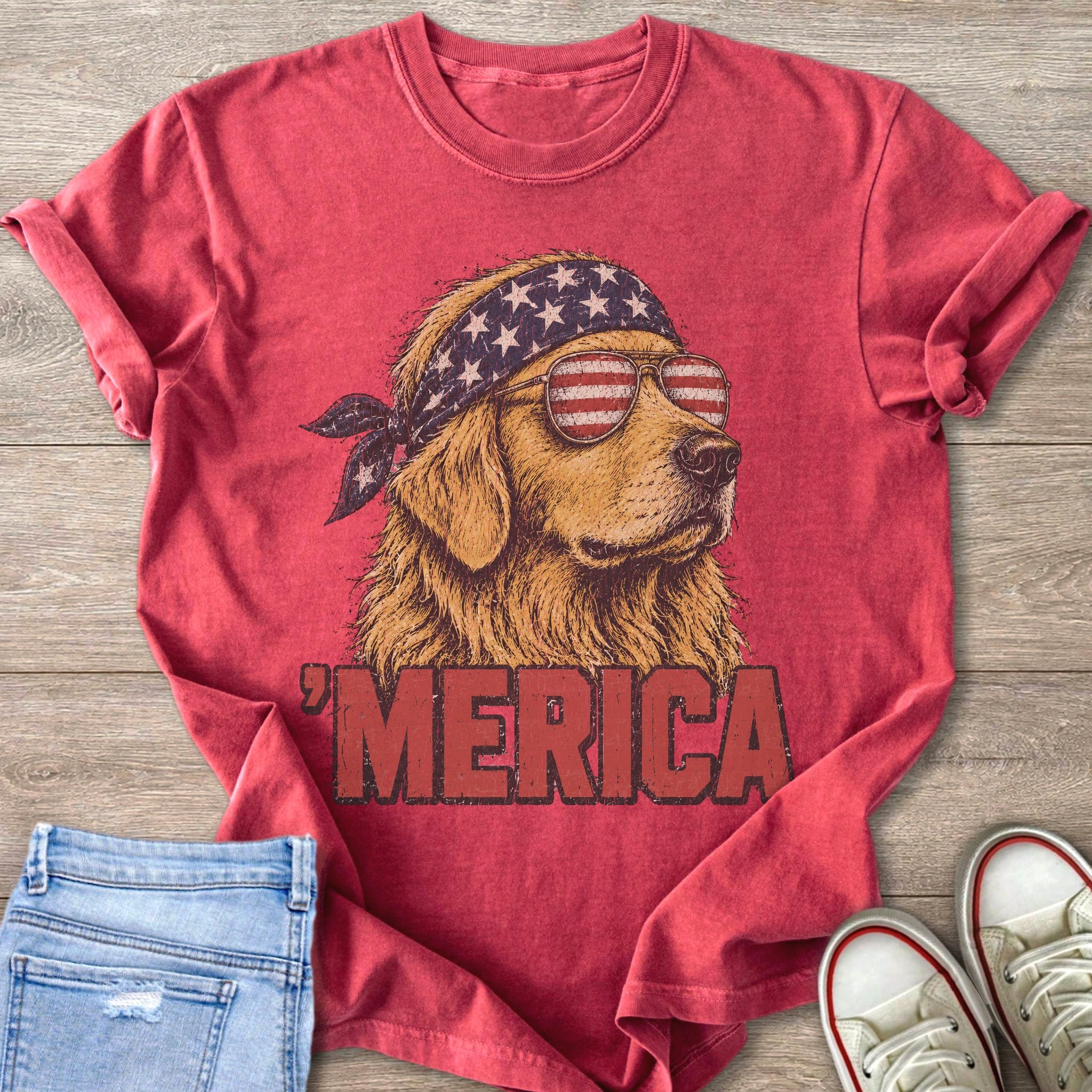 Golden retriever wearing American flag bandana and sunglasses with "MERICA" text.