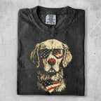 Graphic t-shirt with a distressed print of a dog wearing sunglasses and an American flag bandana.