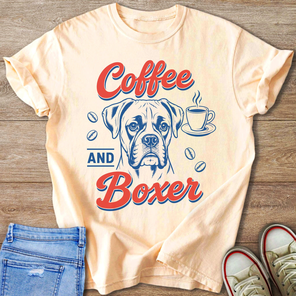 Peach t-shirt with "Coffee and Boxer" text and a boxer dog illustration.