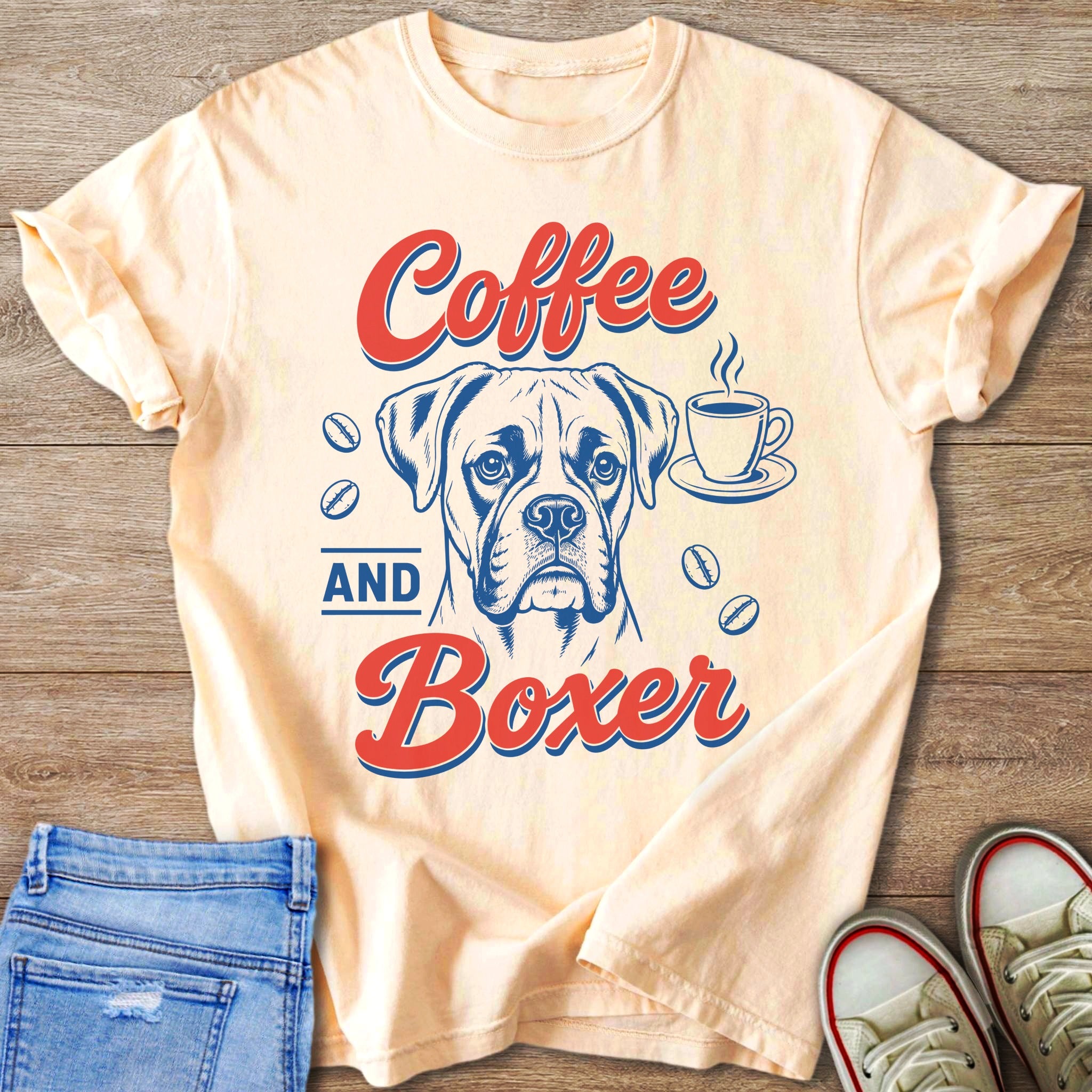 Peach t-shirt with "Coffee and Boxer" text and a boxer dog illustration.