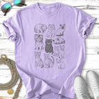 Line drawing of twelve kittens arranged in a grid on a lavender t-shirt.