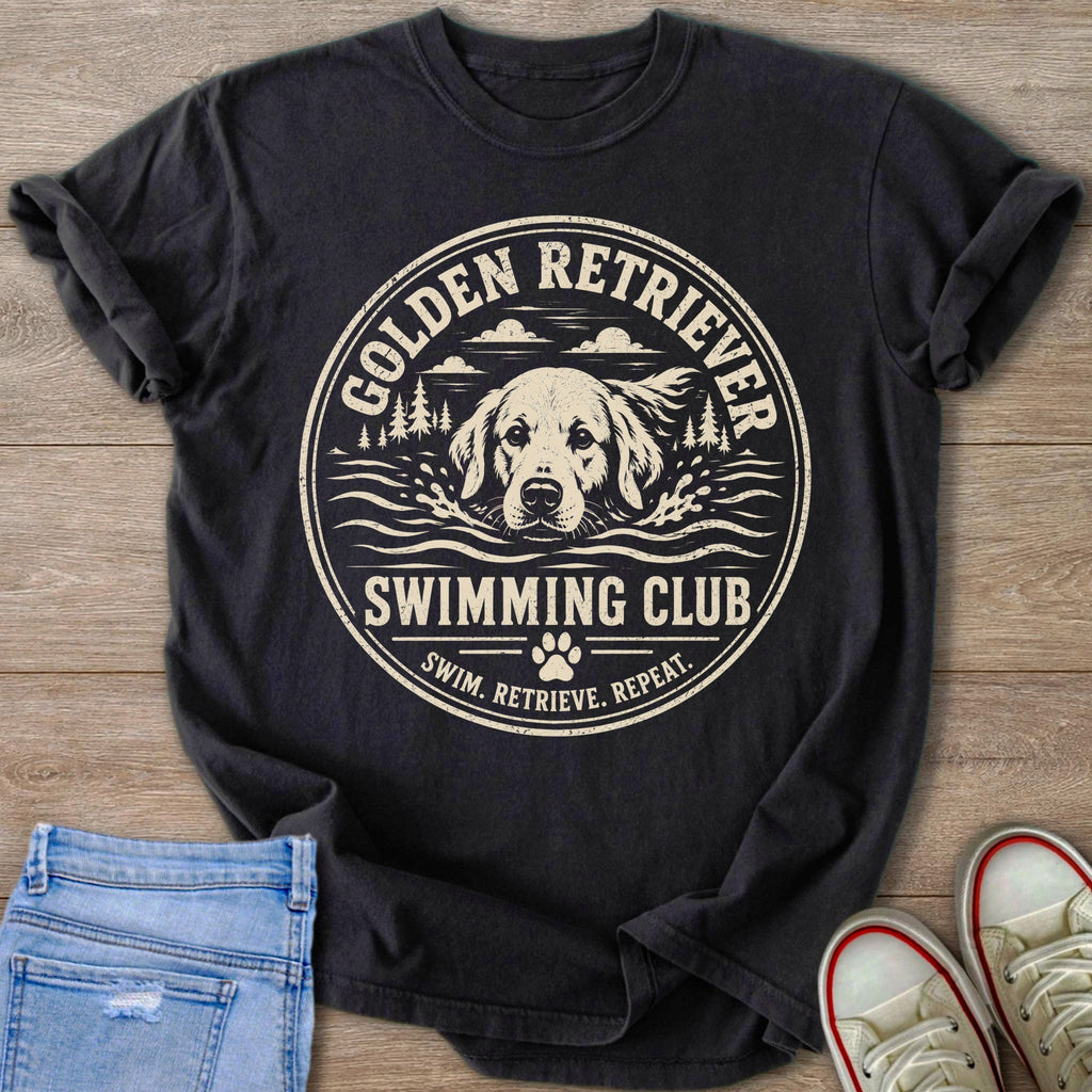 Black t-shirt with "Golden Retriever Swimming Club" and dog graphic.