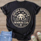 Black t-shirt with "Golden Retriever Swimming Club" and dog graphic.