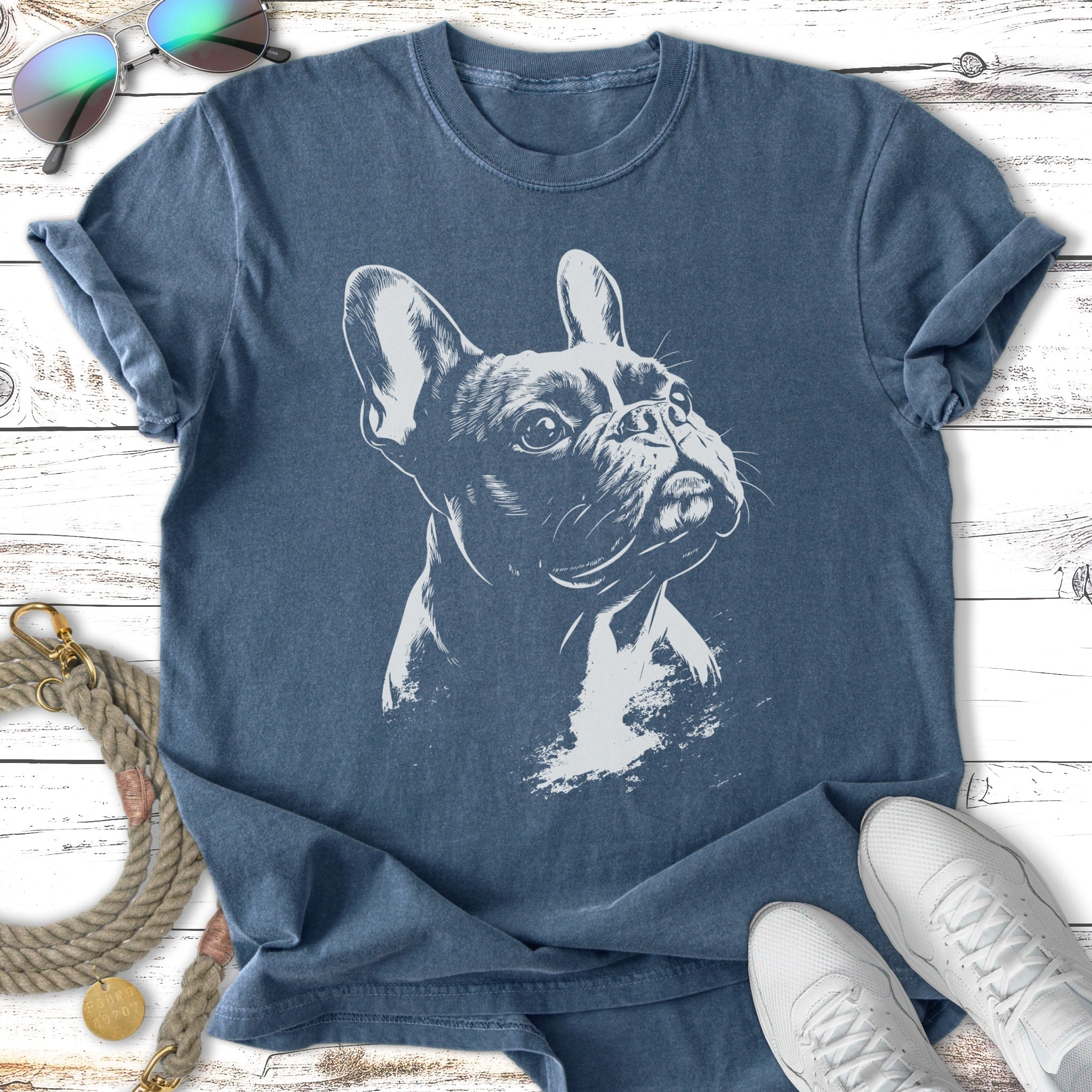 Blue t-shirt with white French Bulldog sketch and sunglasses, leash, and sneakers.