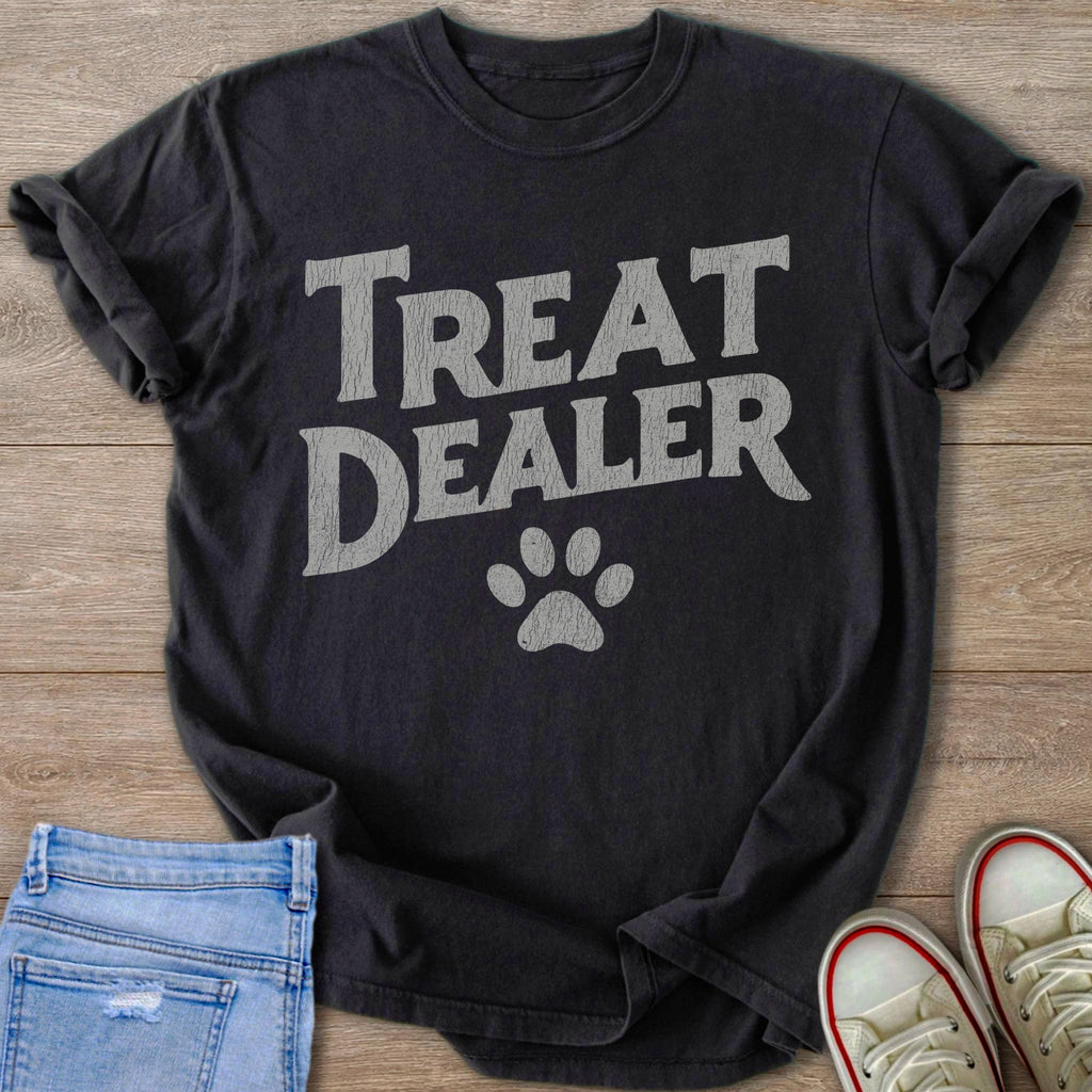 Black t-shirt with gray distressed "Treat Dealer" text and paw print.
