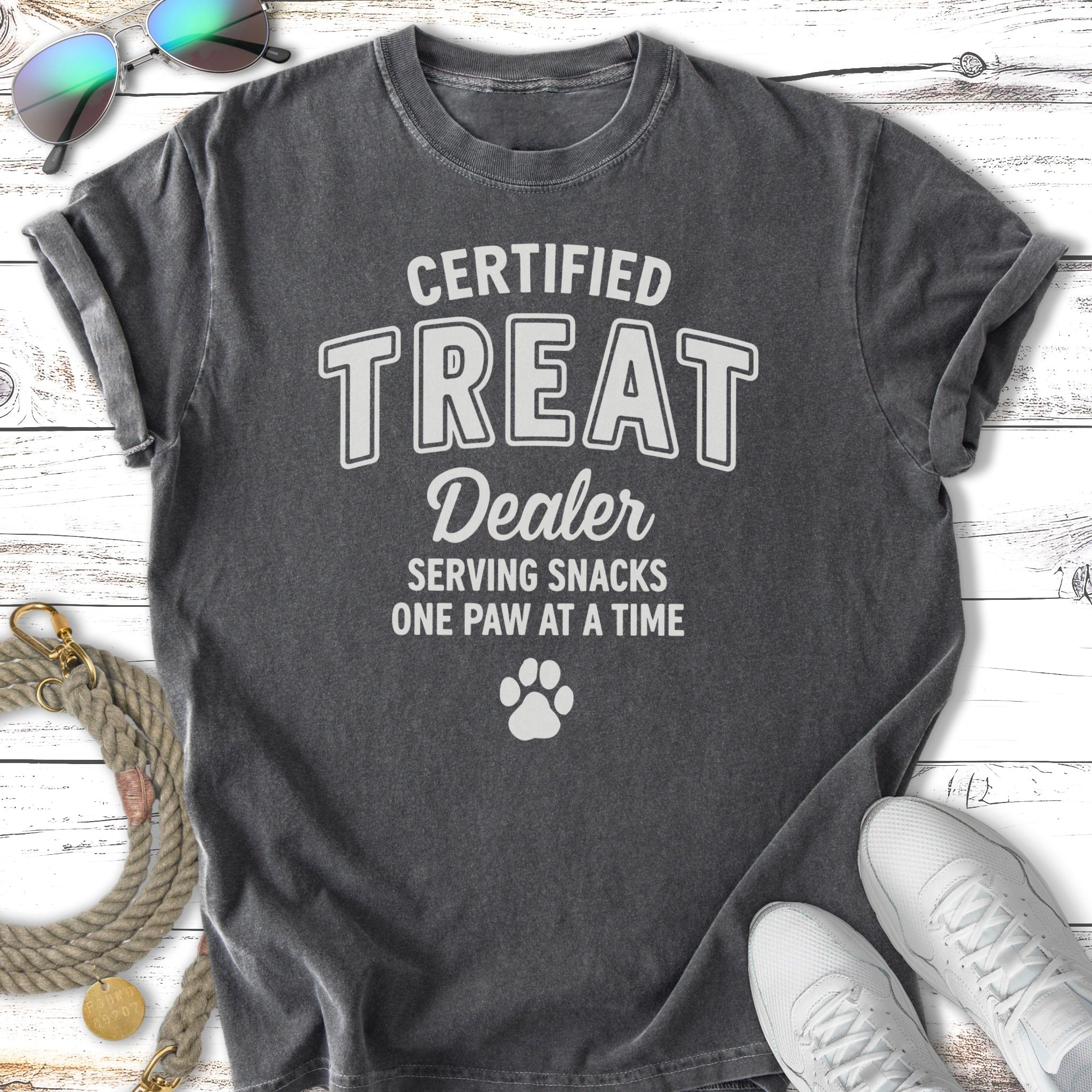 Charcoal t-shirt with "Certified Treat Dealer" and paw print graphic.