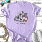 Dachshund holding American flag with "250 YEARS 1776-2026" text.