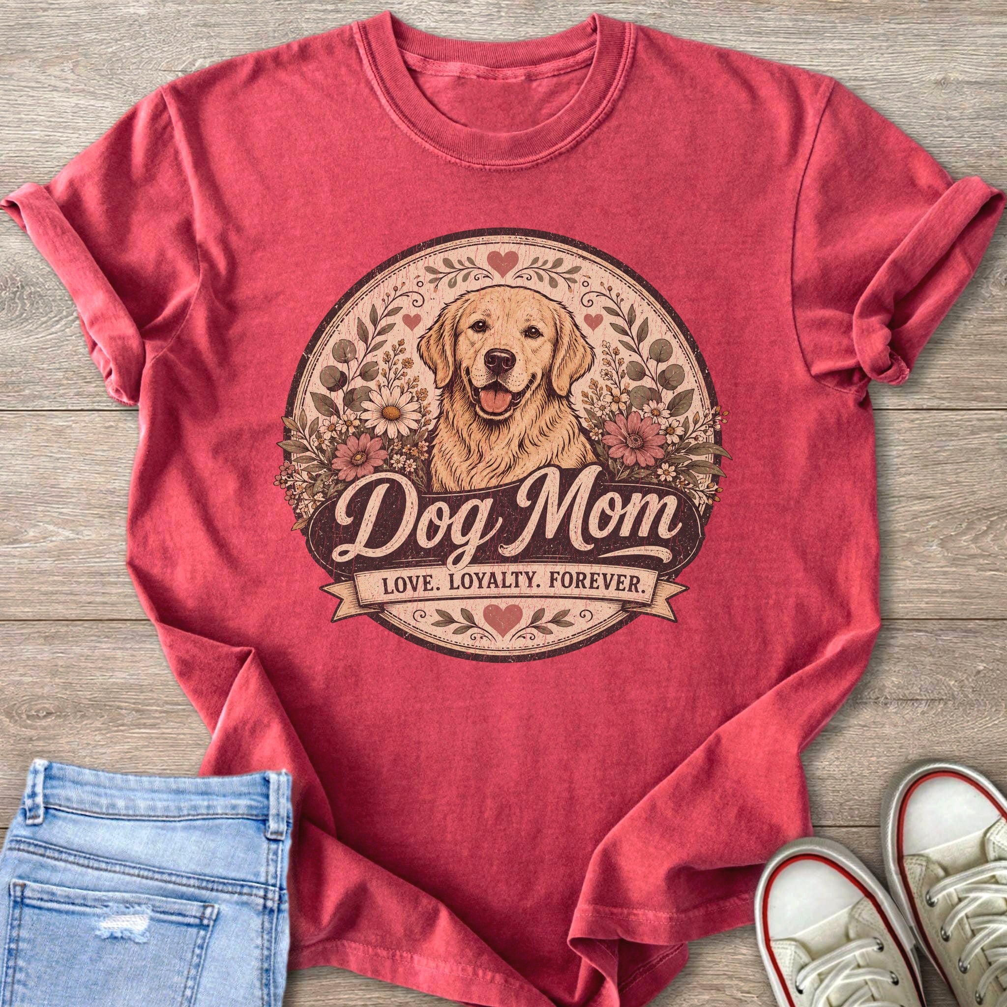 Red t-shirt with golden retriever graphic and text "Dog Mom Love. Loyalty. Forever."