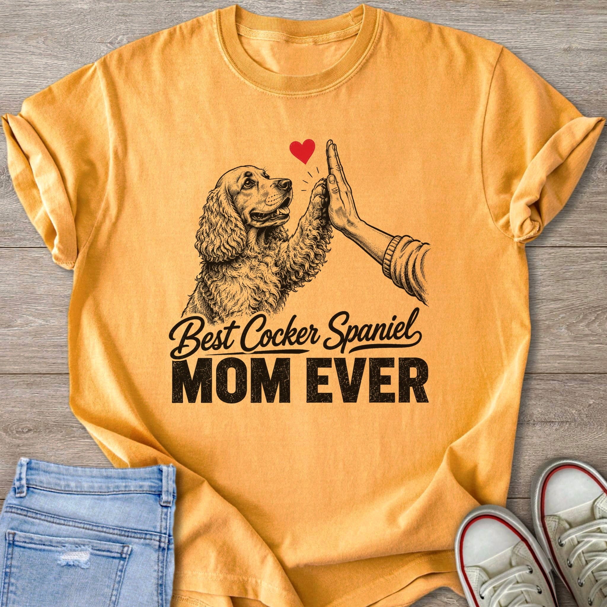 Cocker Spaniel giving a high five with "Best Cocker Spaniel Mom Ever" text.