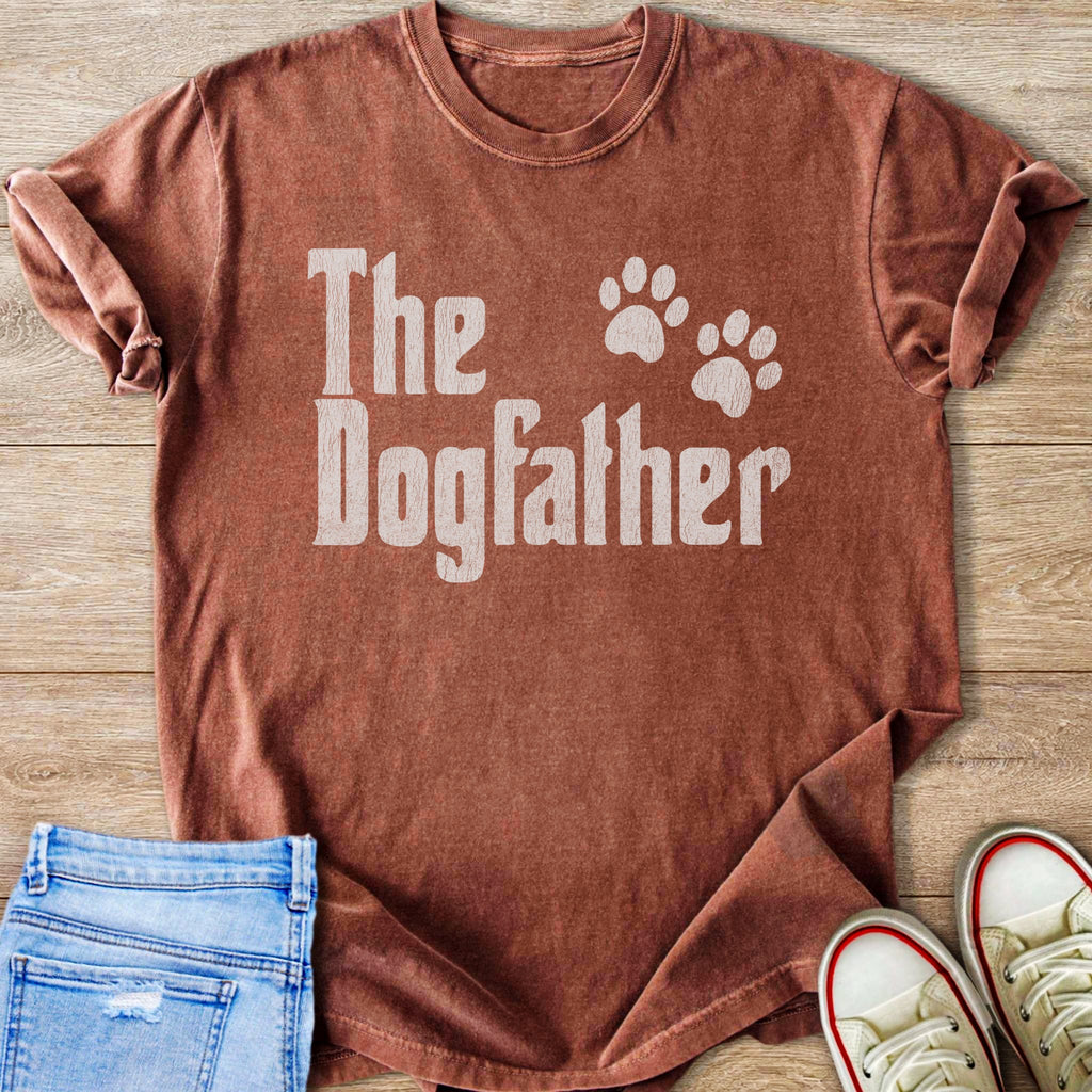 Rusty red t-shirt with "The Dogfather" text and paw prints.