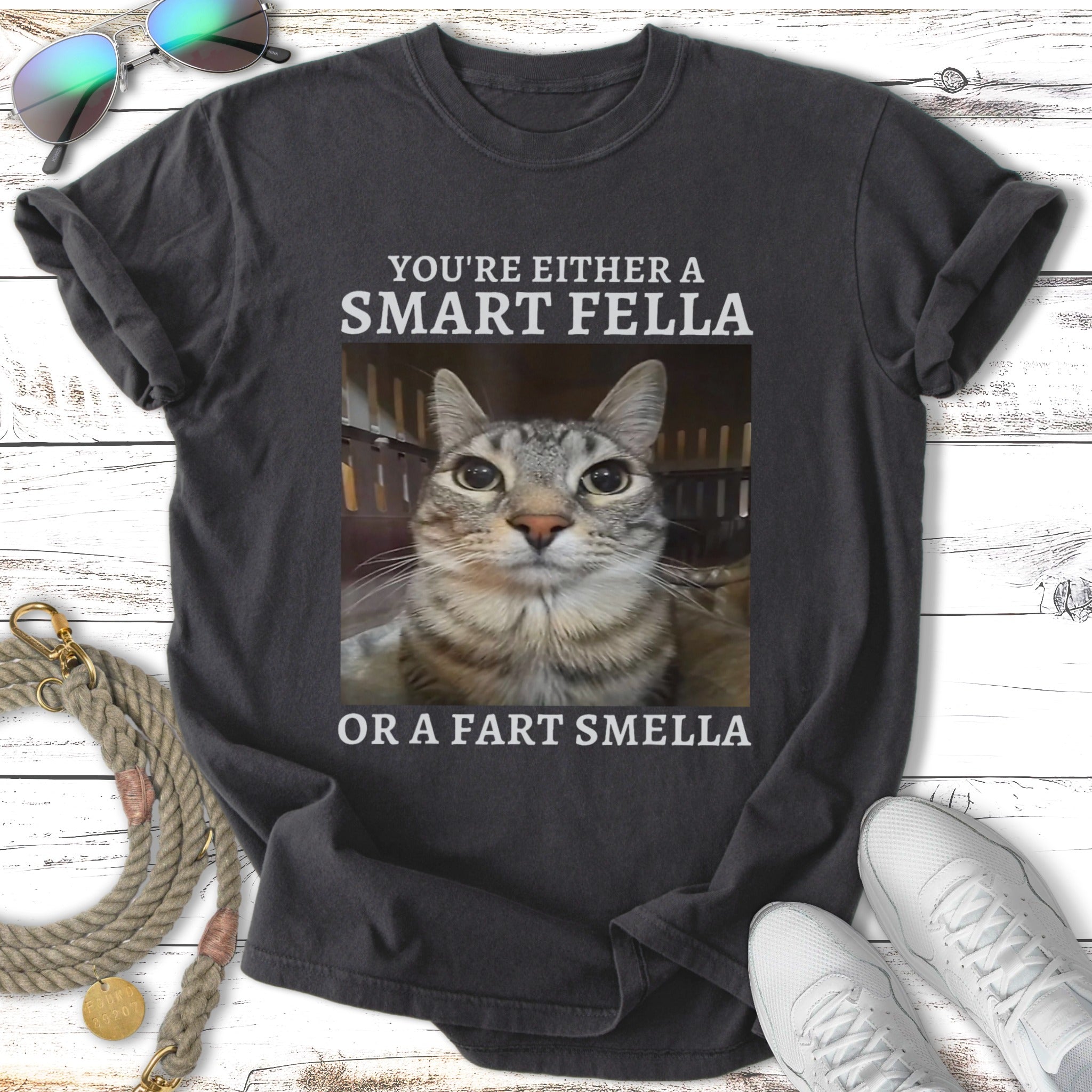T-shirt with cat graphic and text: "You're either a smart fella or a fart smella."