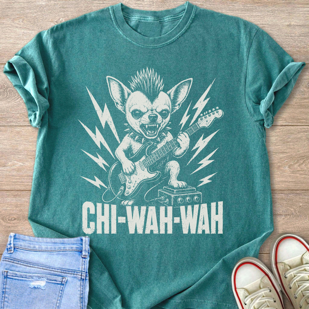 T-shirt graphic of punk chihuahua playing electric guitar with text "CHI-WAH-WAH."
