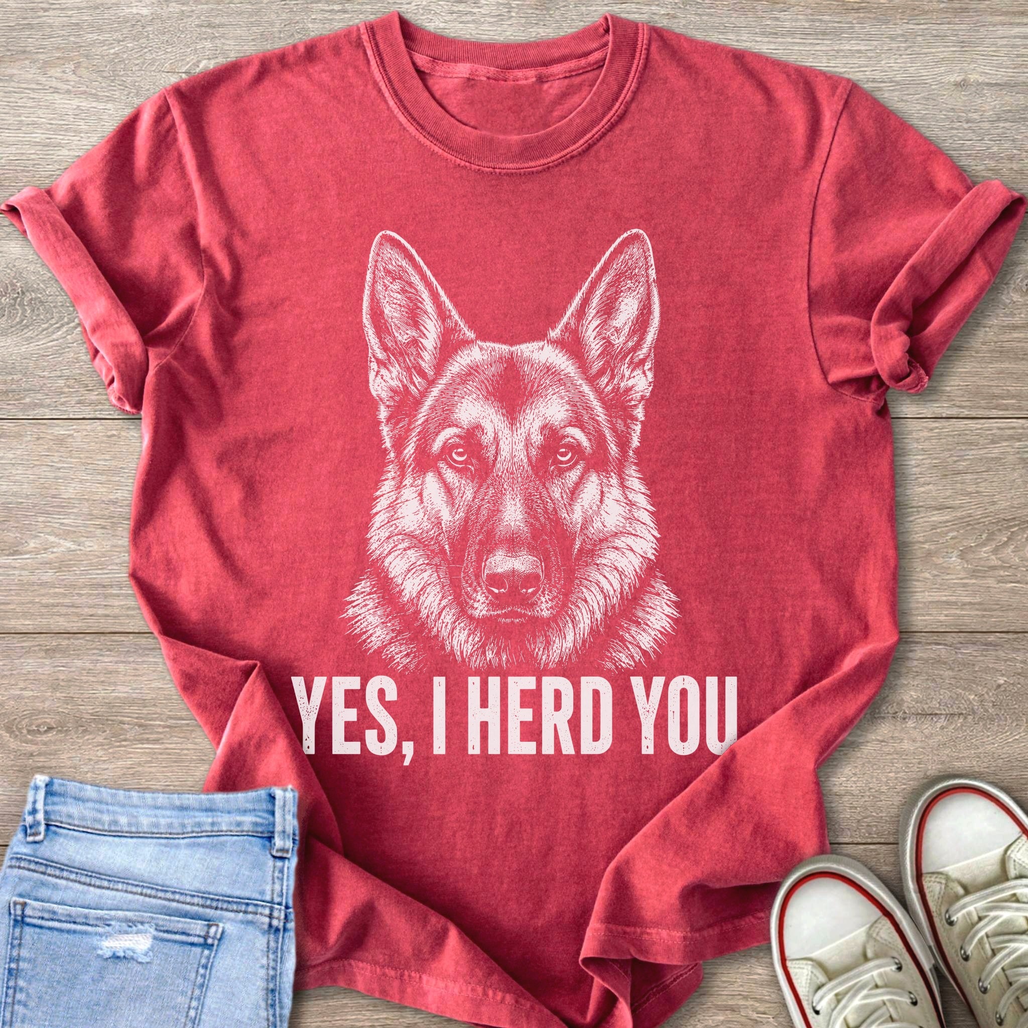 Red t-shirt with German Shepherd graphic and text "YES, I HERD YOU".