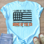 Light blue t-shirt with distressed US flag graphic and paw prints.