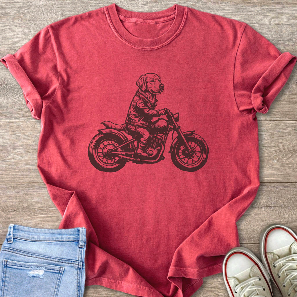 Red t-shirt with graphic of a dog riding a motorcycle.