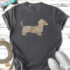 Dark grey t-shirt with a floral dachshund graphic.