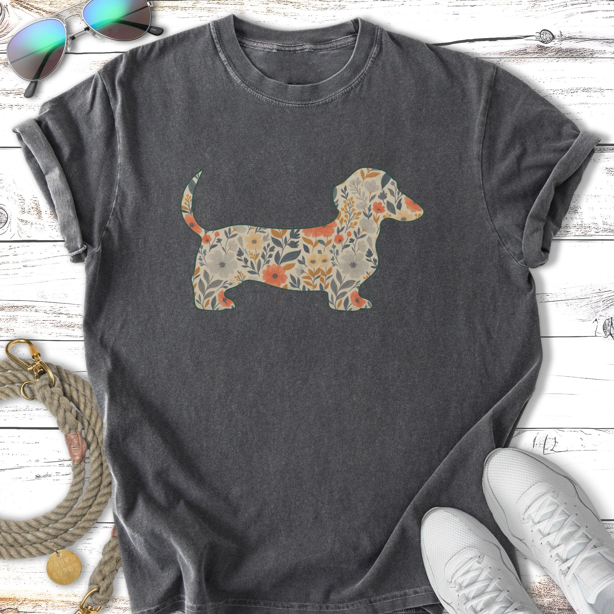 Dark grey t-shirt with a floral dachshund graphic.