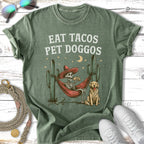 Skeleton in hammock eating tacos with doggos, cacti, and moon.