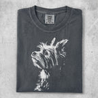 Dark grey t-shirt with white terrier dog graphic and Comfort Colors logo.