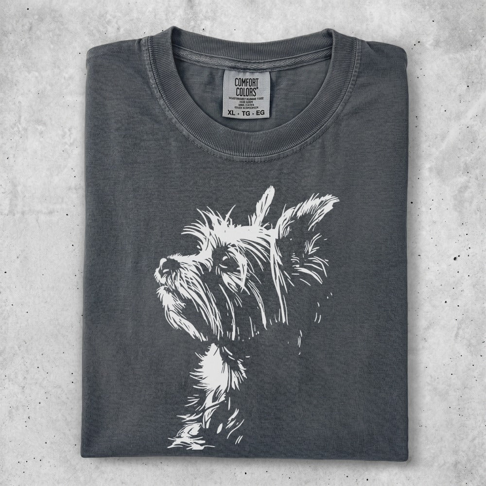 Dark grey t-shirt with white terrier dog graphic and Comfort Colors logo.