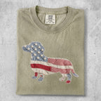T-shirt with a dachshund silhouette filled with American flag and gingham fabric patterns.