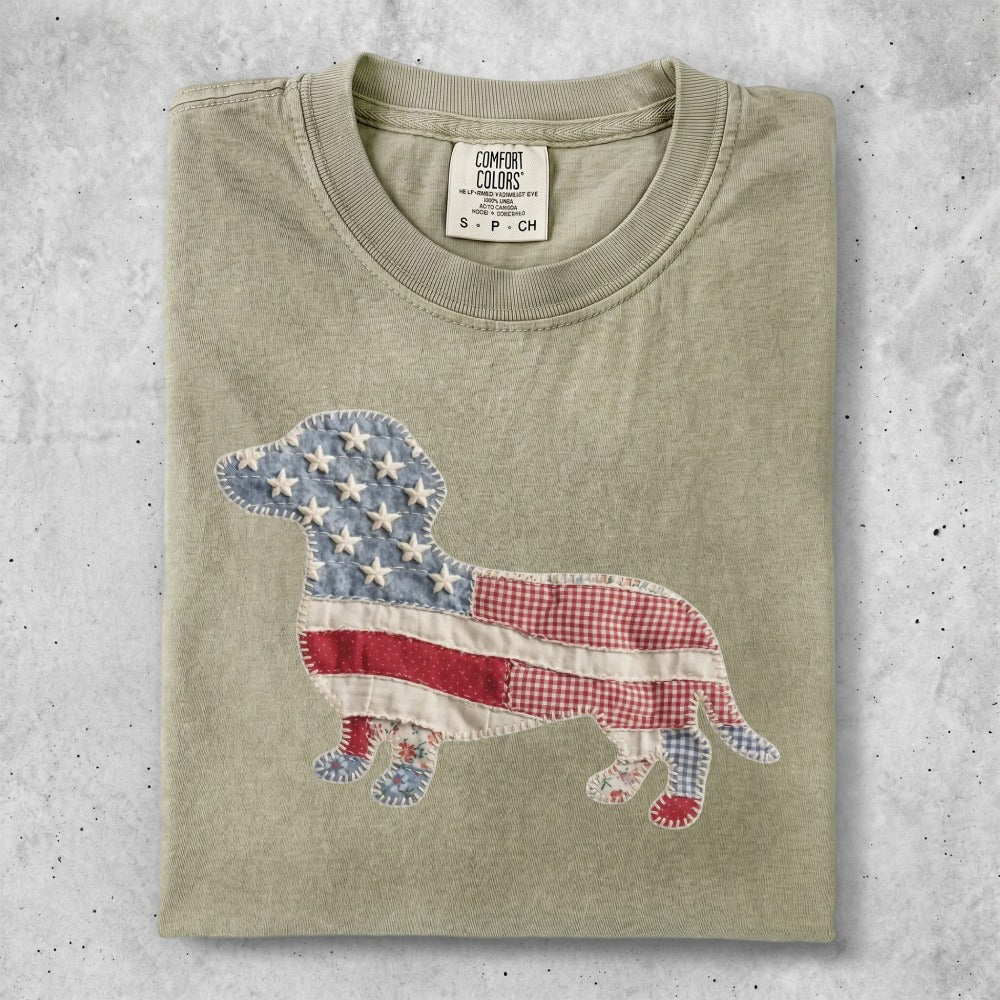 T-shirt with a dachshund silhouette filled with American flag and gingham fabric patterns.