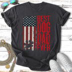 Dark t-shirt with distressed American flag and "BEST DOG DAD EVER" text.