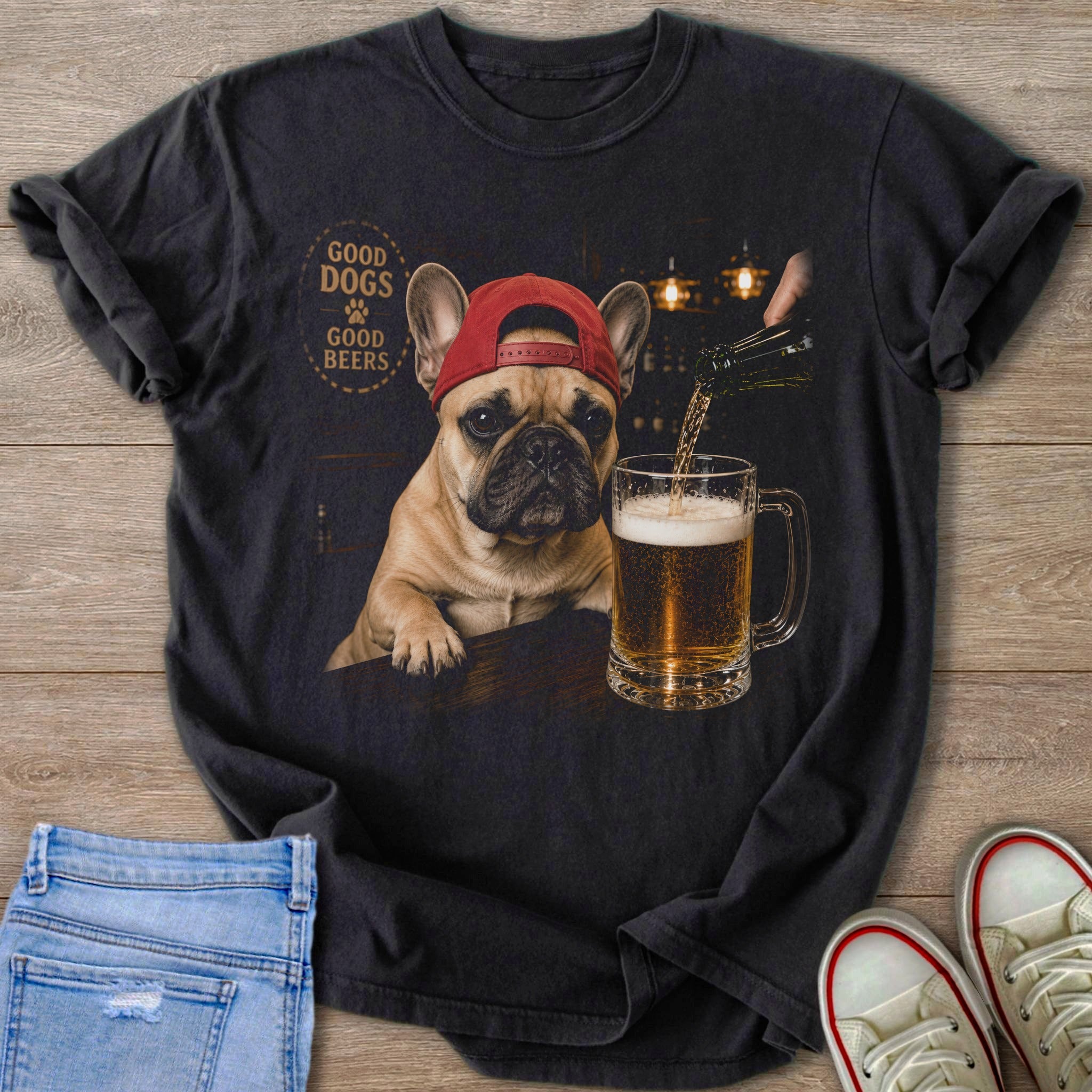 French bulldog wearing red hat, beer pouring into mug, text "Good Dogs Good Beers".