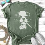 Green t-shirt with white distressed graphic of a Cavalier King Charles Spaniel smoking a cigarette.