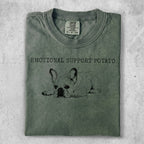 Green t-shirt with "EMOTIONAL SUPPORT POTATO" text and a French bulldog graphic.