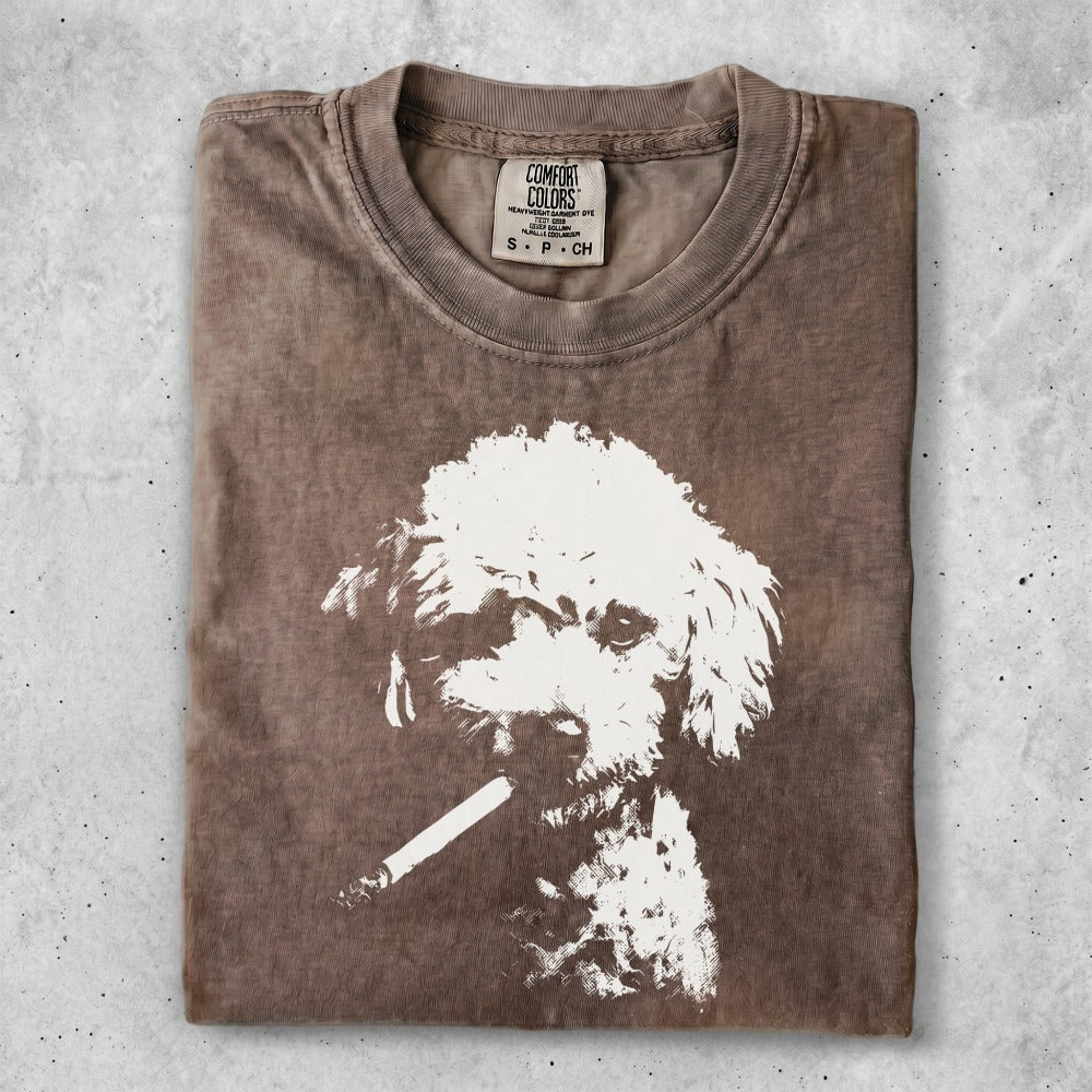 Brown t-shirt with white poodle graphic smoking a cigarette.