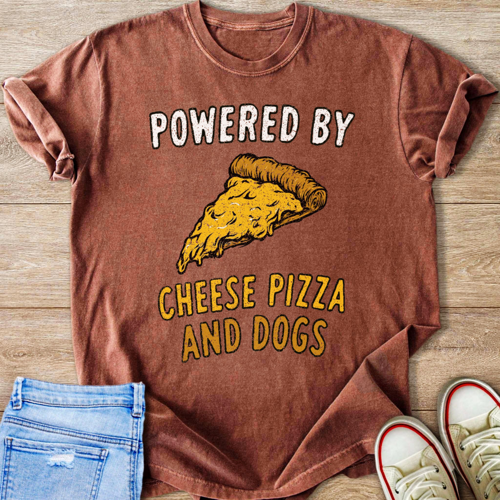 T-shirt with "Powered by Cheese Pizza and Dogs" text and pizza graphic.